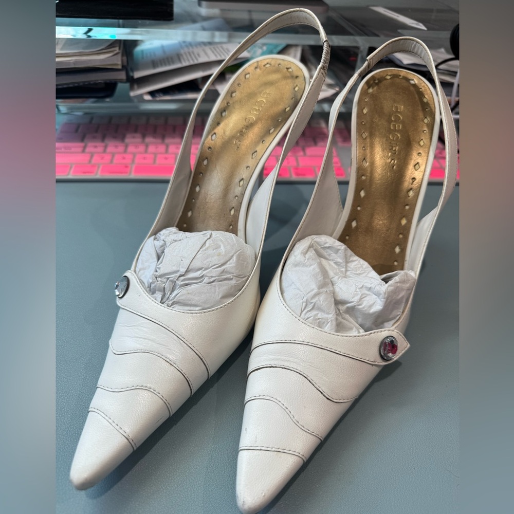 BCBG White Pointed Slingback Heels